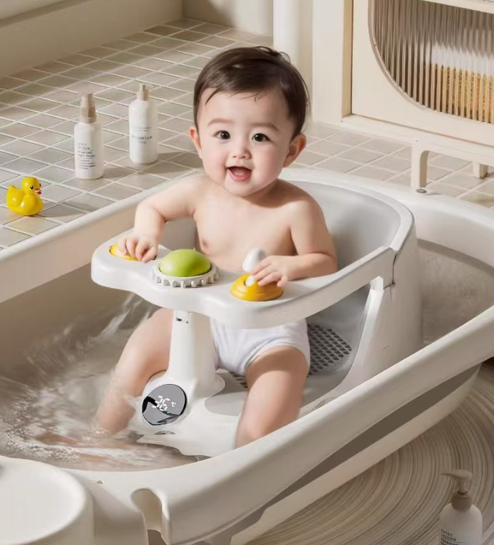 Baby Bath Seat Non-Slip Soft Toddler Bath Chair Suction Cups Temperature Display