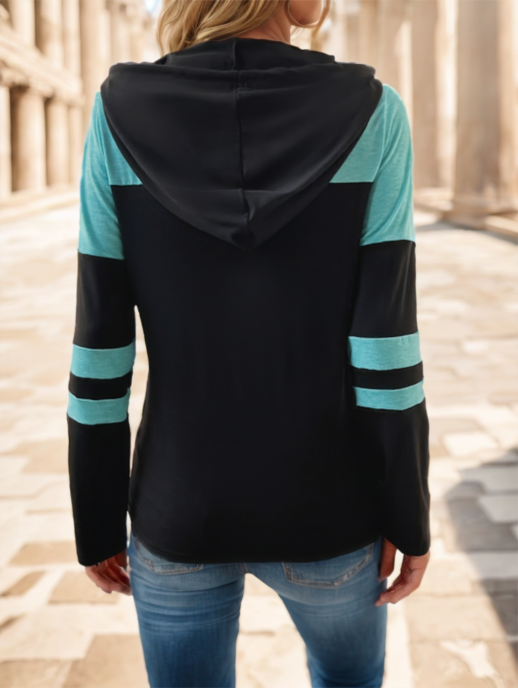 Color Block Drawstring Hoodie Sleeve