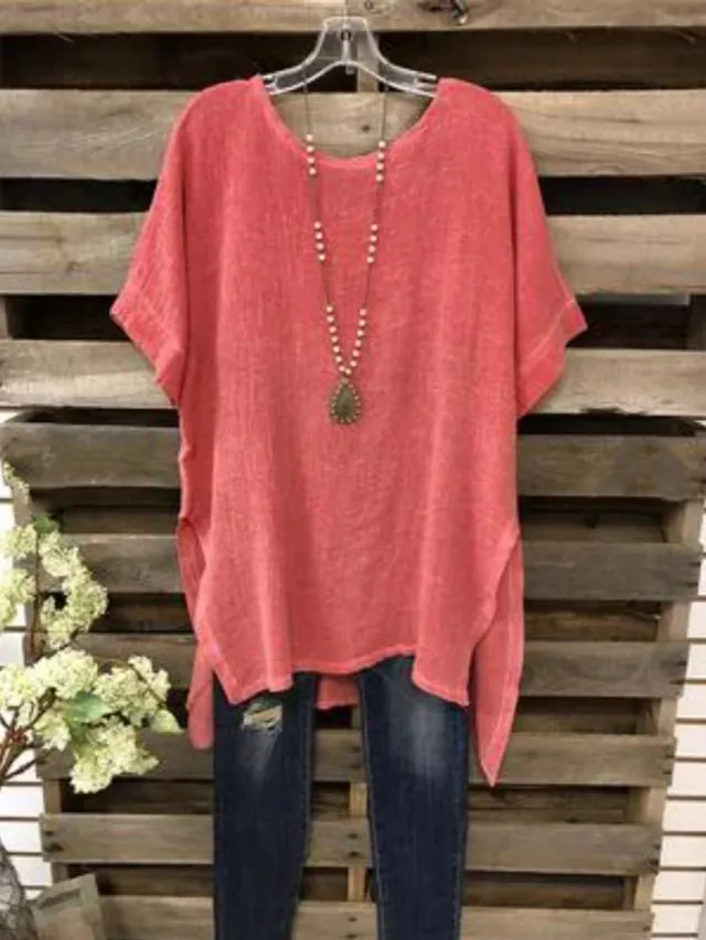 New Women's Cotton And Linen Loose Short Sleeved T Shirt Top Red - Shop at LoveMi