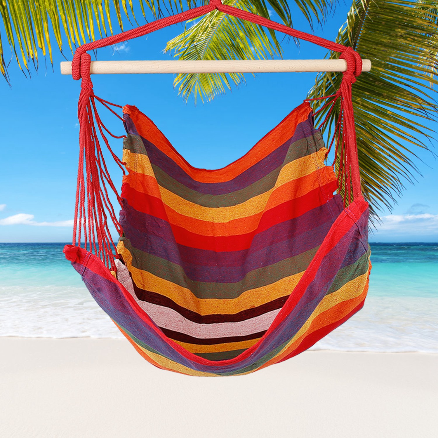 Hammock Hanging Chair Canvas Porch Patio Swing Seat Portable Camping Rope Seat Wooden Stick Hammock Chair With 2 Pillows 265LBS Load bearing Red - Shop at LoveMi