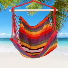 Hammock Hanging Chair Canvas Porch Patio Swing Seat Portable Camping Rope Seat Wooden Stick Hammock Chair With 2 Pillows 265LBS Load-bearing - Red - View 1