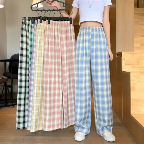 Plaid Wide Leg Pants Women Casual