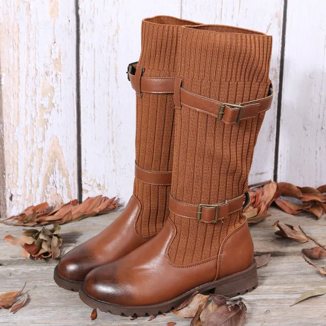 Leapard Shoes Winter Mid Calf Boots Women Sock Boots Brown - Shop at LoveMi