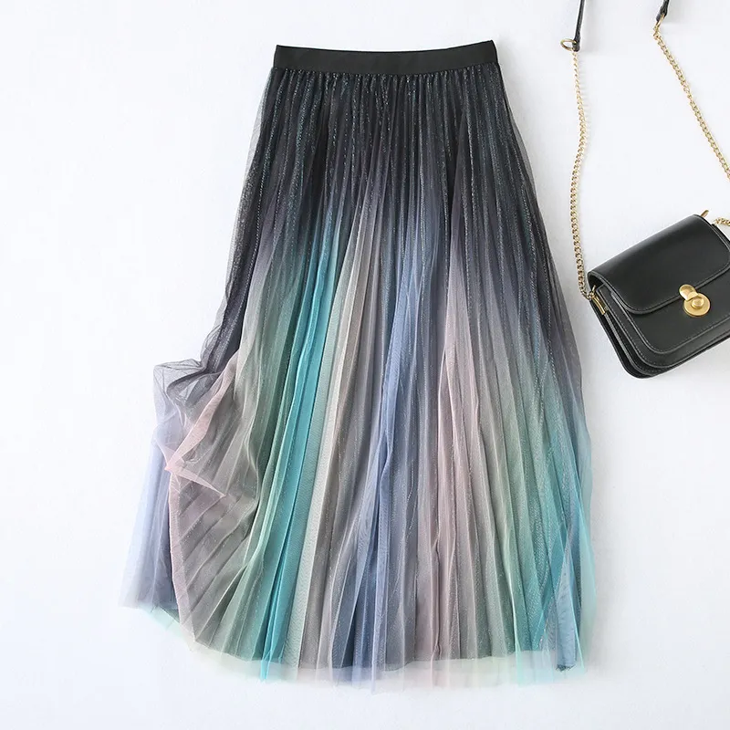 Mid-length High Waist Slim A-Line Drape Gradient Pleated Skirt - Pink