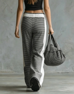 Black And White Striped Side White Contrasting Drawstring High Waisted Slightly Flared Casual Pants