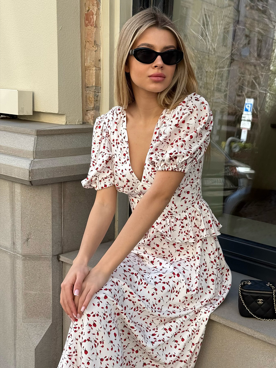 Printed Waist-cinching Puff Sleeve Dress - Image 12