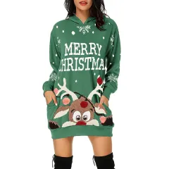 Christmas Women's Printed Mid-length Pocket Hooded Long Sleeve Sweatshirt - Green - View 1