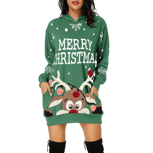 Christmas Women's Printed Mid length Pocket Hooded Long Sleeve Sweatshirt Green - Shop at LoveMi