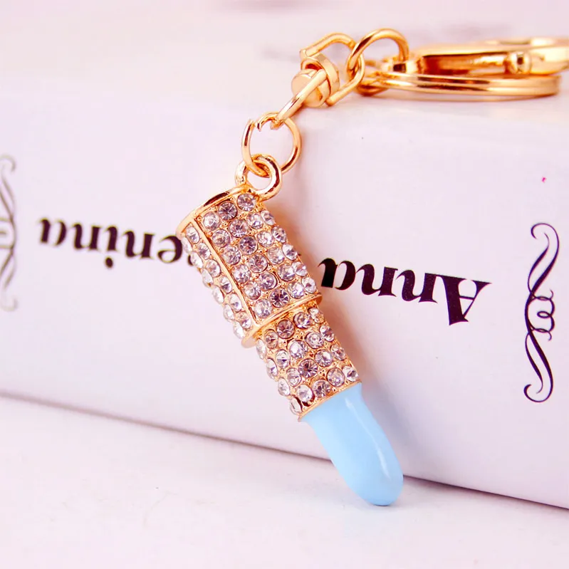 Women's Small Gifts Rhinestone Lipstick Keychain - Blue