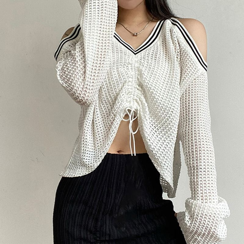 Off-the-shoulder V-neck Knit Top In Hot And Sweet Color
