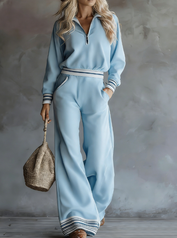 Phnom Penh Stripe Stand-Collar Half-Zip Sweatshirt And Wide-Leg Pants Two-Piece Set