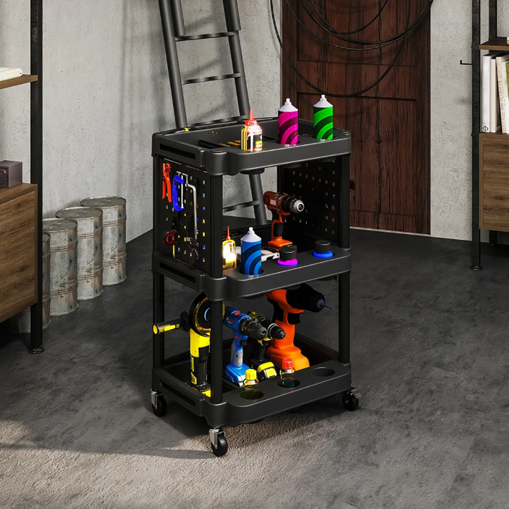 3-Tier Rolling Tool Cart, 200 LBS Capacity Plastic Utility Cart With Side Shelves For Garage, Workshop, Tikt0k Sale Prohibited