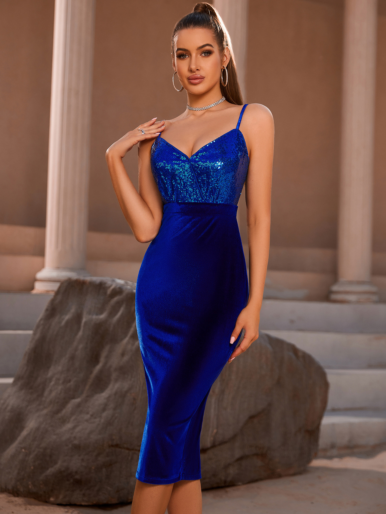 Velvet V-Neck Midi Dress, picture 2 of 7