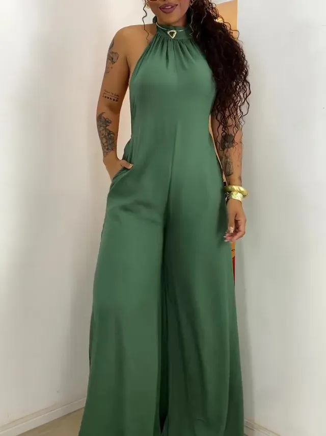 Green Halter neck Backless Jumpsuit Green - Shop at LoveMi