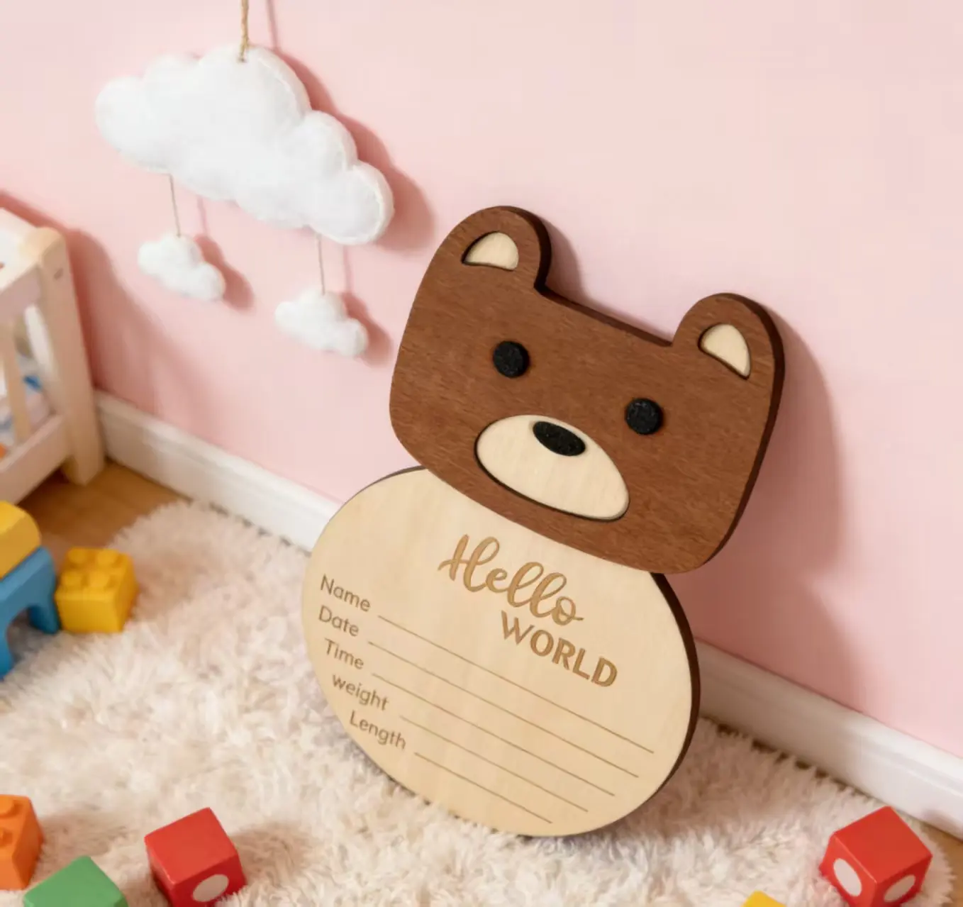 Wooden Baby Birth Announcement Sign Hello World Fox Lion Bear Newborn Photo Prop Birth Info Plaque