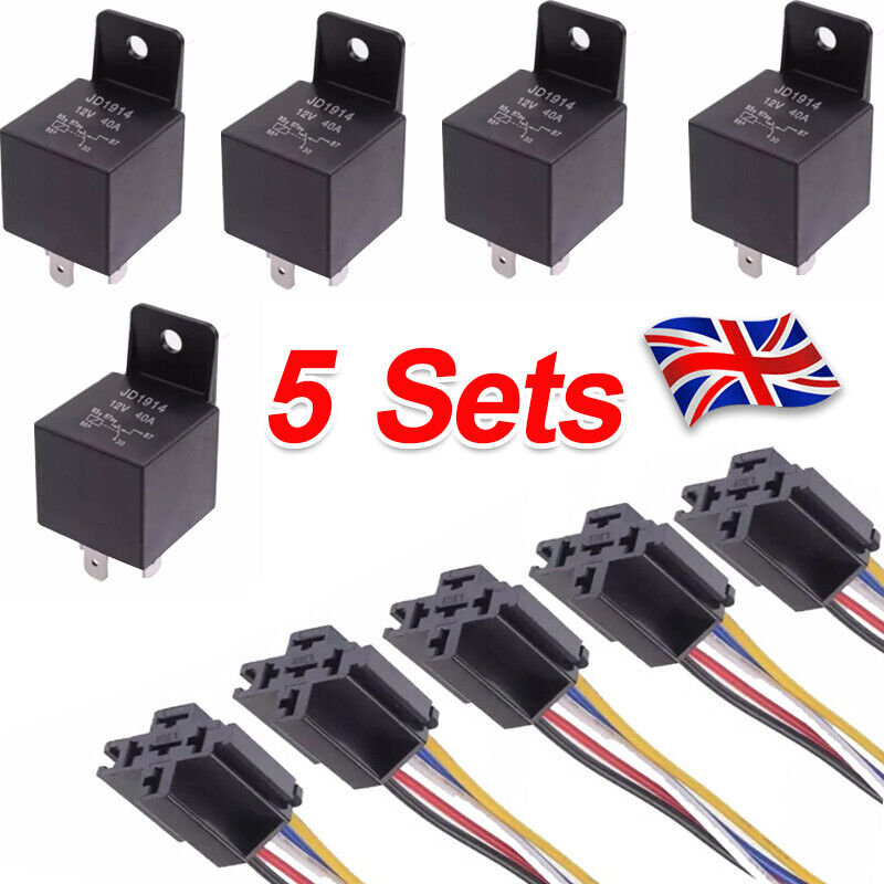 5 X 12V Automotive Changeover Relay 40A 5-Pin With Socket Holders Auto Car