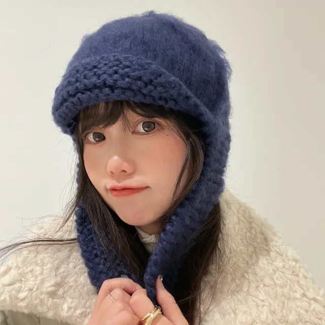 Handmade Crochet Beanie Women's Ear Protection Scarf Navy Blue - Shop at LoveMi