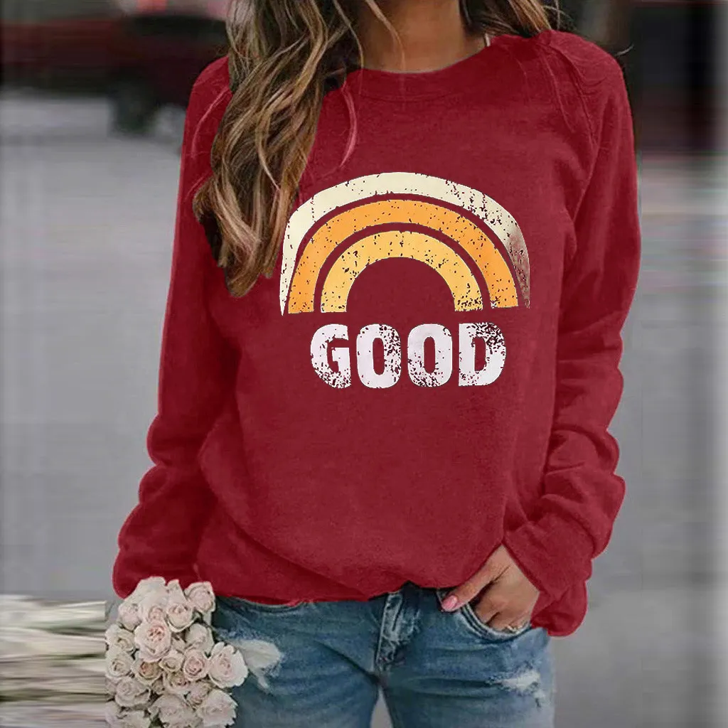Women's Sweatshirt Round Neck Casual Loose Pullover Top Printed Long Sleeve T-shirt - 7 Style