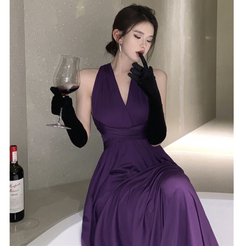 Purple Neck Hanging Dress For Women