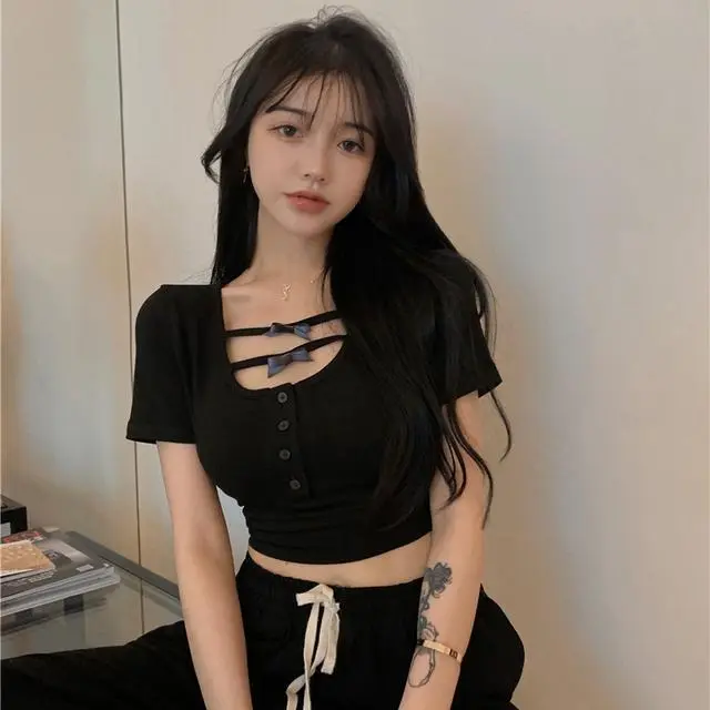 Women's Short sleeved T shirt U neck Pure Lust Bow Tight fitting Crop Top Black - Shop at LoveMi