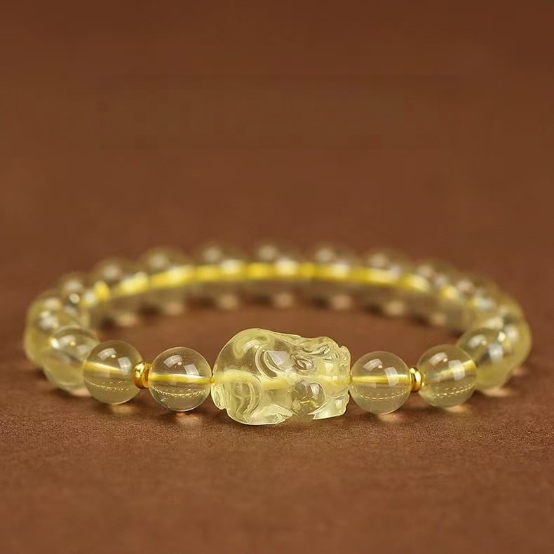 Natural Citrine Pixiu Bracelet Wealth Round Beaded Chain Energy Jewelry For Women
