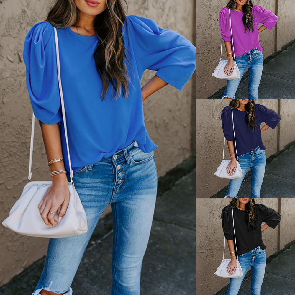 Solid Color Three-Quarter Sleeve Round Neck Casual Loose Shirt Top