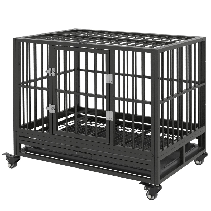 Heavy Duty Dog Crate Metal Cage Kennel With Lockable Wheels, Double Door And Removable Tray, Gray