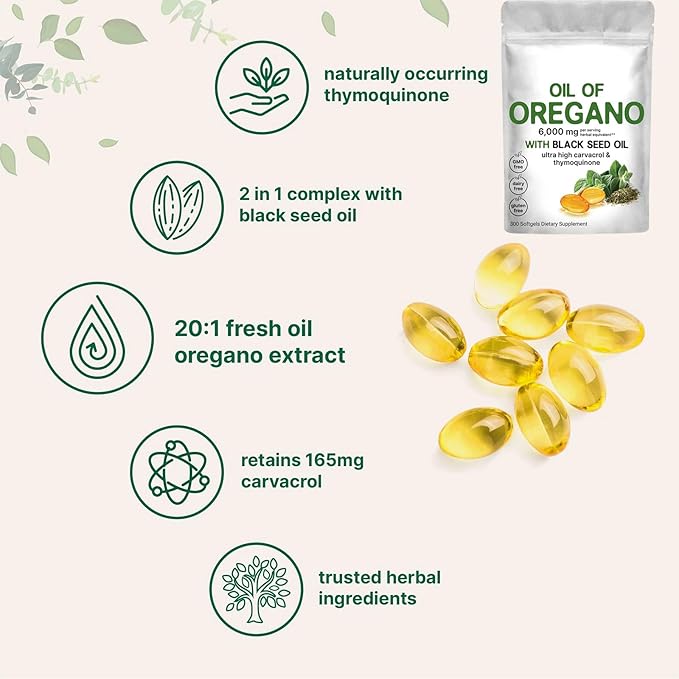 Oregano Black Seed Oil Softgels, 300 Capsules. 2 in 1 Oil of Oregano Softgels Each serving of oil of oregano capsules contains 6,000mg oil of oregano with 200mg black seed oil. Oil of oregano with black seed oil are combined into one and work together Pre