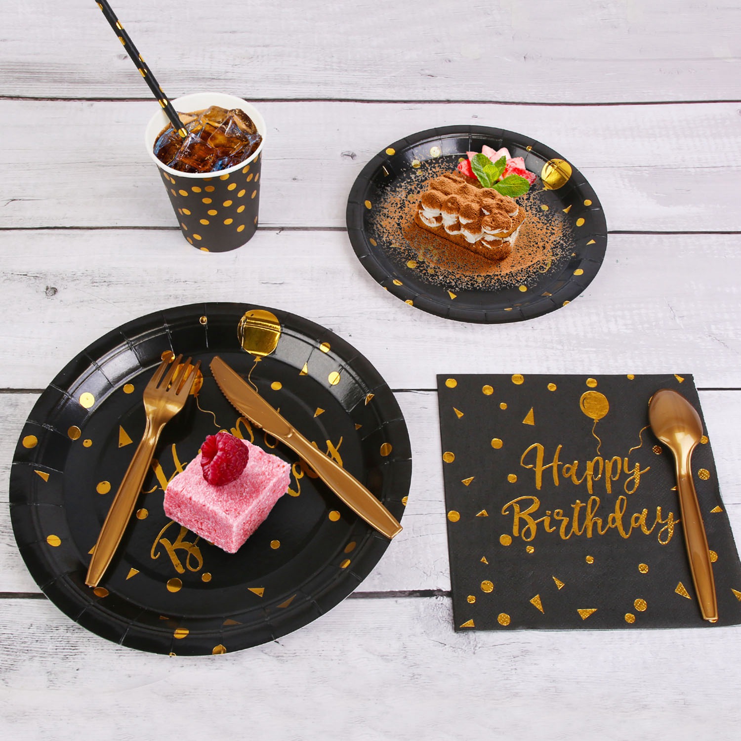201 pièces fournitures de fête d'anniversaire en or noir pour 25 invités ensemble de – Image 5
