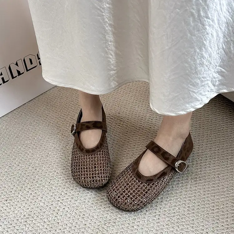 Women Hollow Grid Mesh Mary Jane Flat Shoes, Adjustable Metal Buckle Single Strap Breathable Woven Summer Casual Ballet Flats