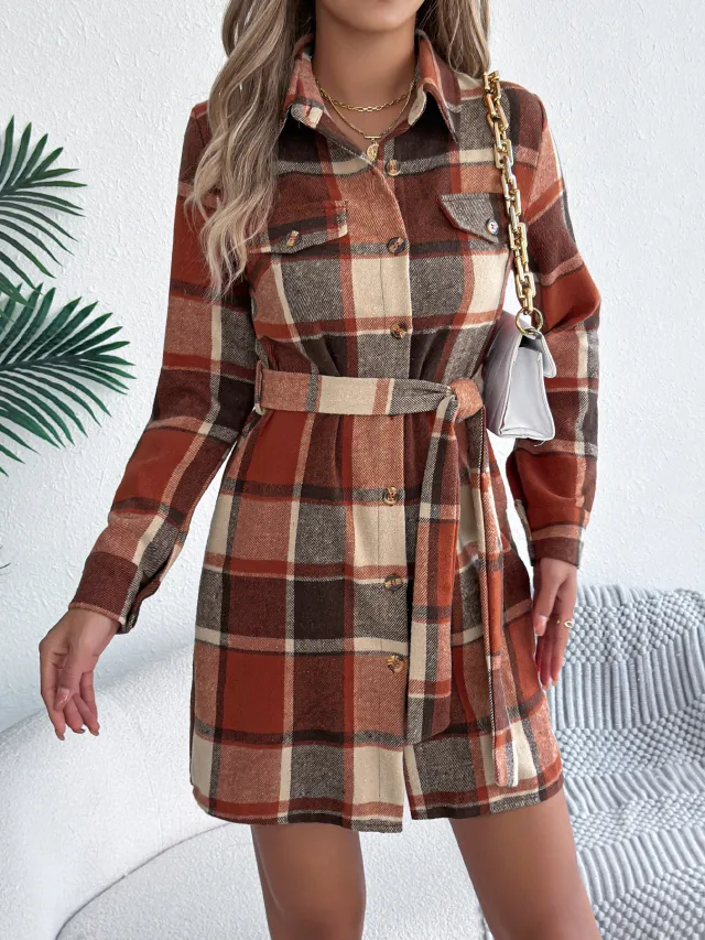 Women's Casual Color Blocked Plaid Fake Pocket Long Sleeve Tie Waist Tweed Shirt Dress Orange - Shop at LoveMi