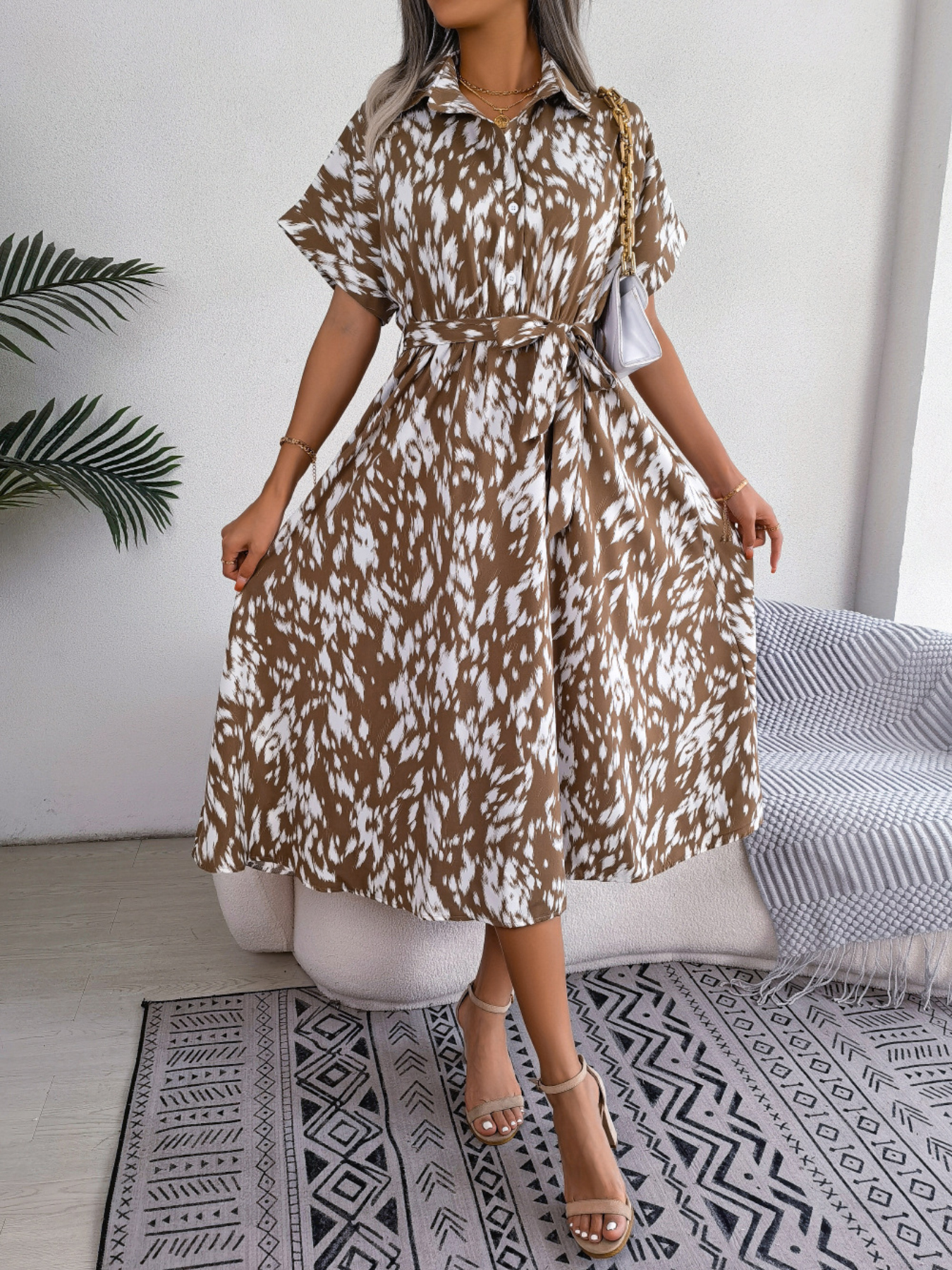 Women’s Casual Loose Leopard Print Tie Waist Shirt Dress
