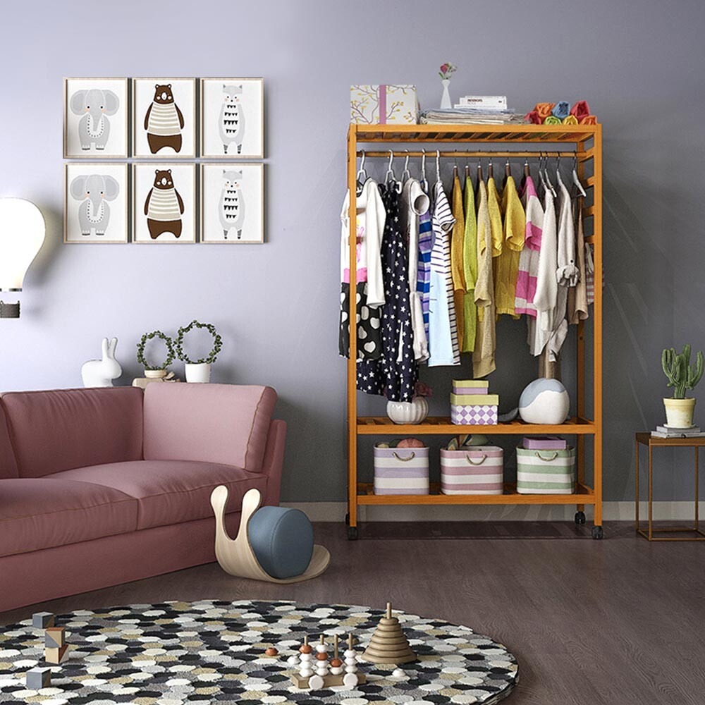 Heavy Duty Wooden Clothes Rail Rack Garment Hanging Stand Corner Open Wardrobe — image 9