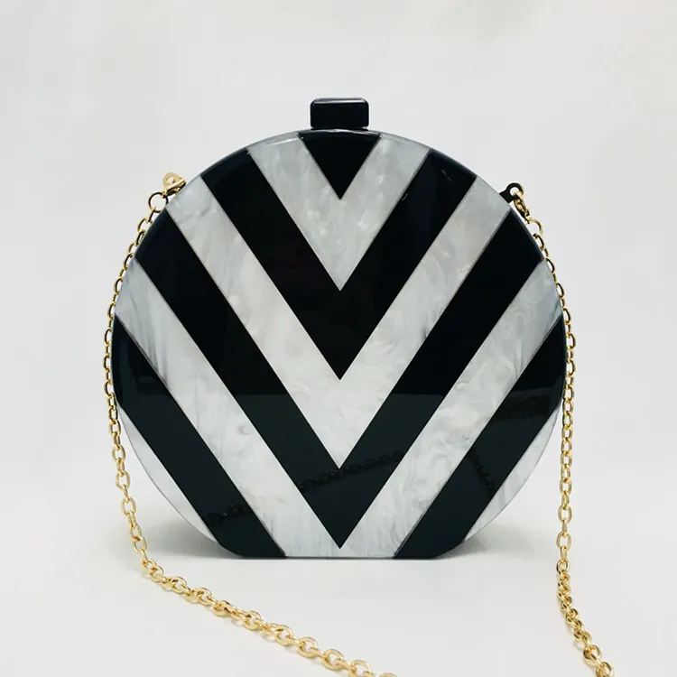 Black And White Geometric Stitching Acrylic Clutch - White