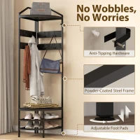 Corner Hall Tree, Industrial 4-Tier Coat Rack With Shoe Storage, 8 Movable Hooks And 2 Shelves For Hallway, Black 3