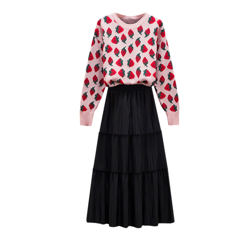 Sweet Knit Strawberry Cozy Hygge Soft & Cuddly Sweater Skirt Suit