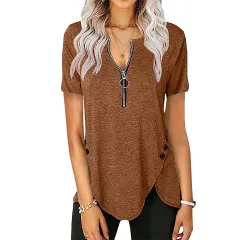 Women's Casual Short Sleeve Top V-Neck Zip Button T-Shirt - Brown - View 1
