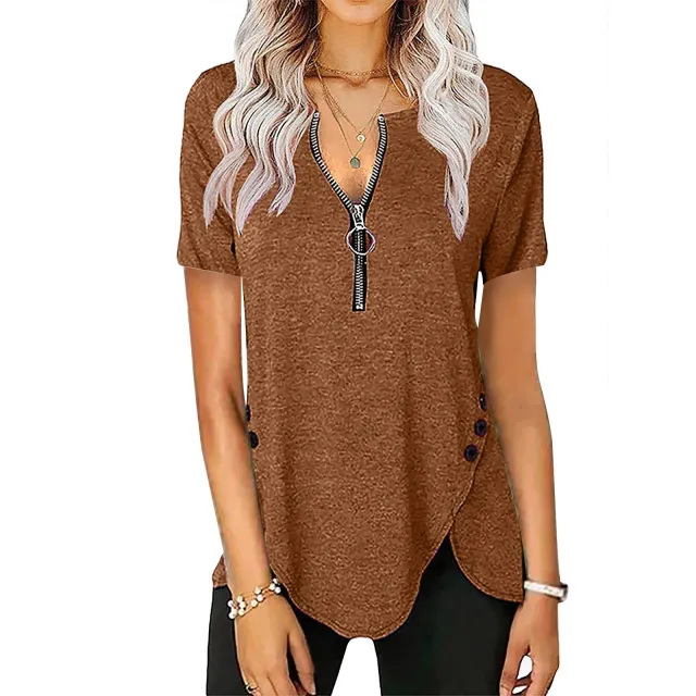 Women's Casual Short Sleeve Top V Neck Zip Button T Shirt Brown - Shop at LoveMi
