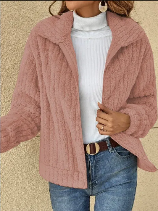 Women's Fleece Lapel Cropped Jacket Pink - Shop at LoveMi