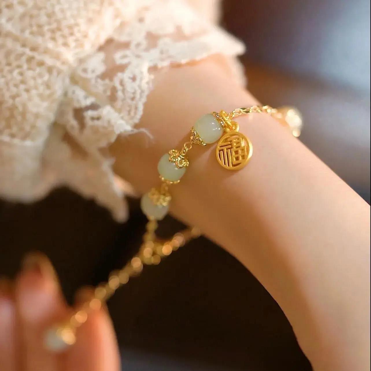 Women's Natural Hetian Design Blessing Character Bracelet