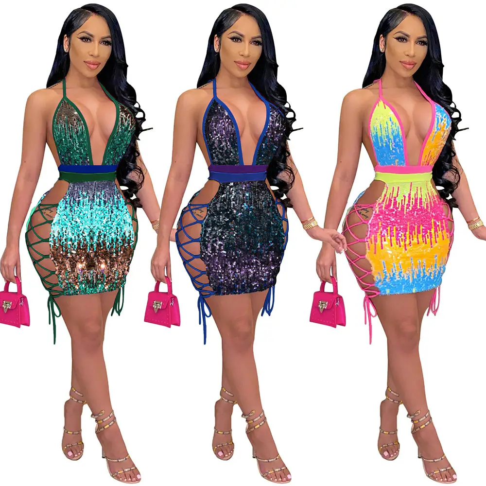 Women's Sexy  Halter Back Sequin Contrast Dress Women's Nightclub Clothes