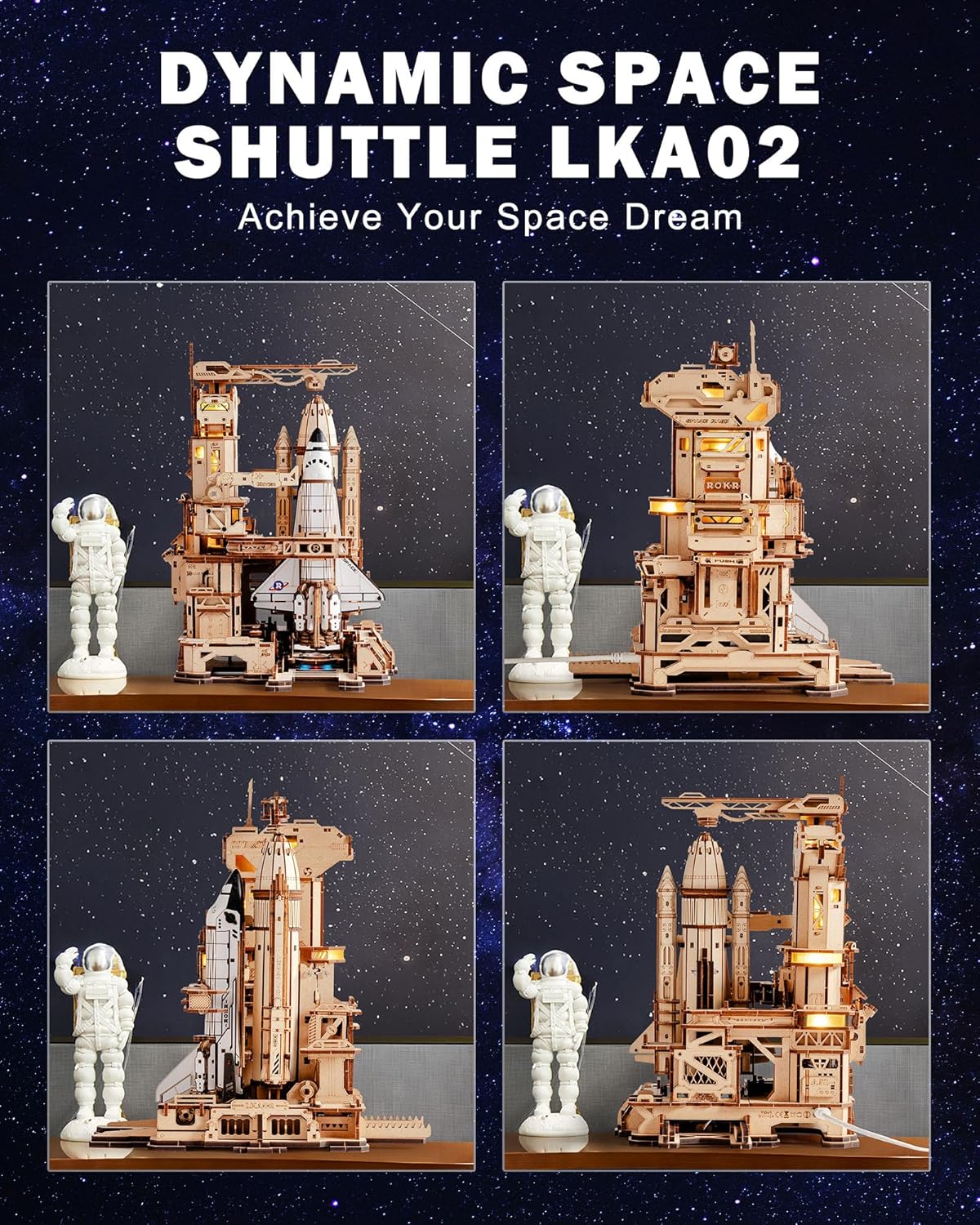 ROKR 3D Wooden Space Shuttle Model Kit - 446-piece STEM Building Toy With Launch Simulation And LED Light Effects, DIY Puzzle, A Unique Gift For Space Enthusiasts