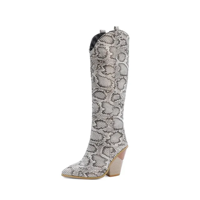 Boots Snake Print High Boots Thick High Heels Rider Boots White - Shop at LoveMi