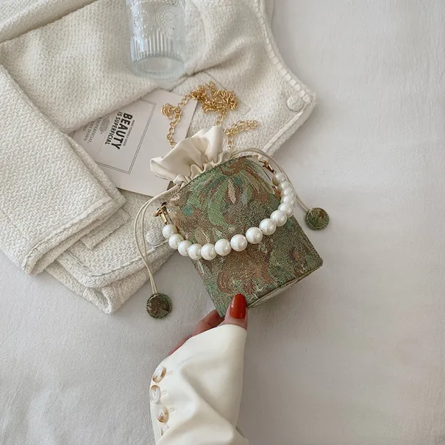 Pearl Chain Bucket Bag Underarm Shoulder Bag Green - Shop at LoveMi