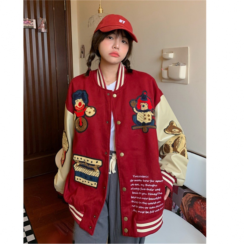 Loose Plus Size Harajuku Embroidery All match Student Contrast Coat Red - Shop at LoveMi