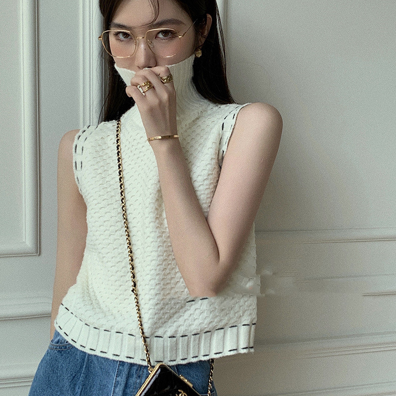 Gold Button High Neck Hepburn Style Small Fragrance Pullover Sweater