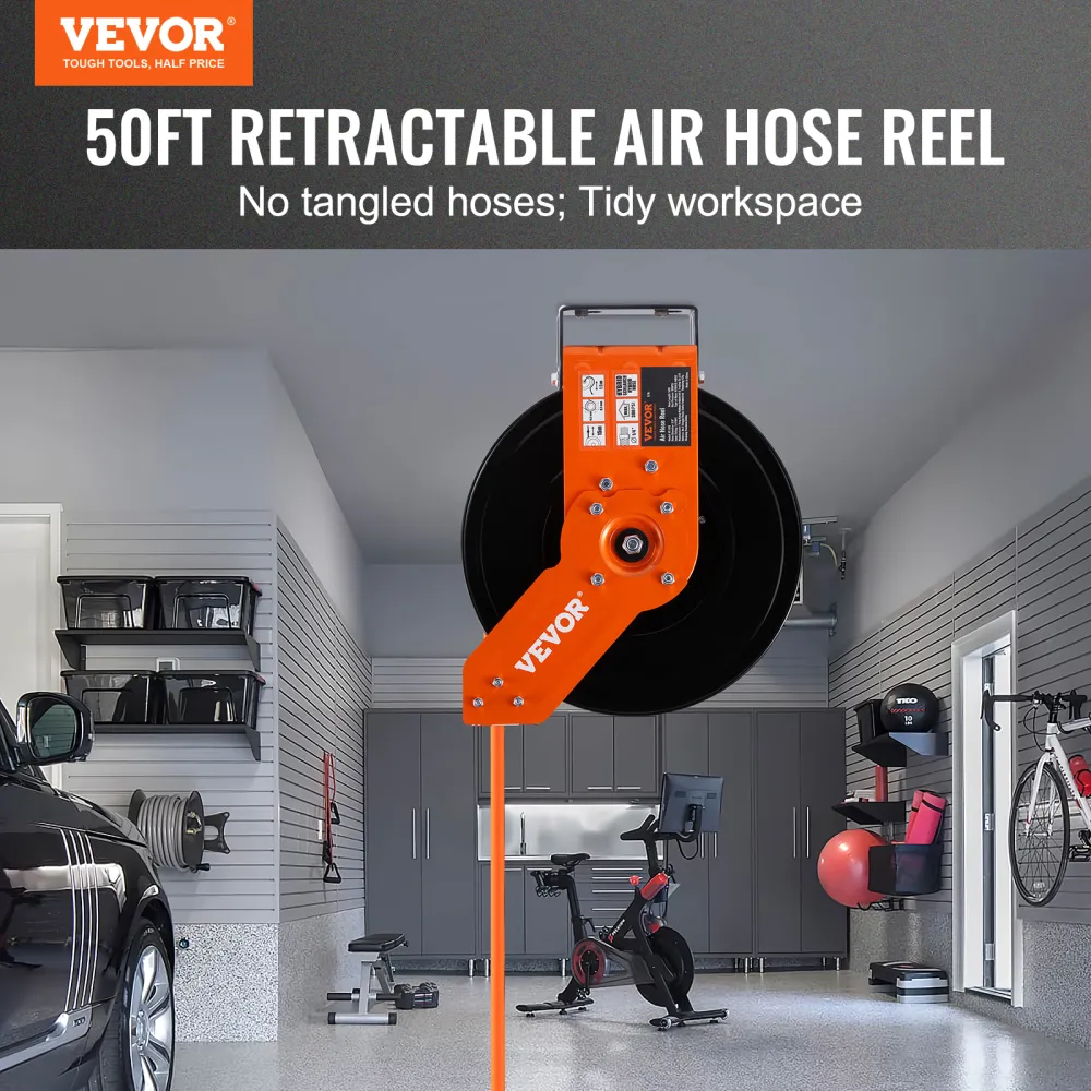 VEVOR Retractable Air Hose Reel, 50 FT Hybrid Air Hose Max 300PSI, Air Compressor Hose Reel With 5 Ft Lead In, Ceiling  Wall Mount Heavy Duty Single Arm Steel Reel