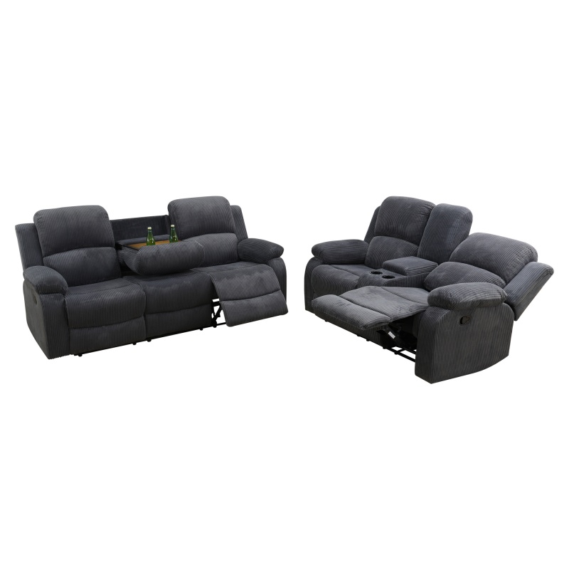 Pickup Only--Dark Grey Corduroy 3-Piece Living Room Recliner Sofa