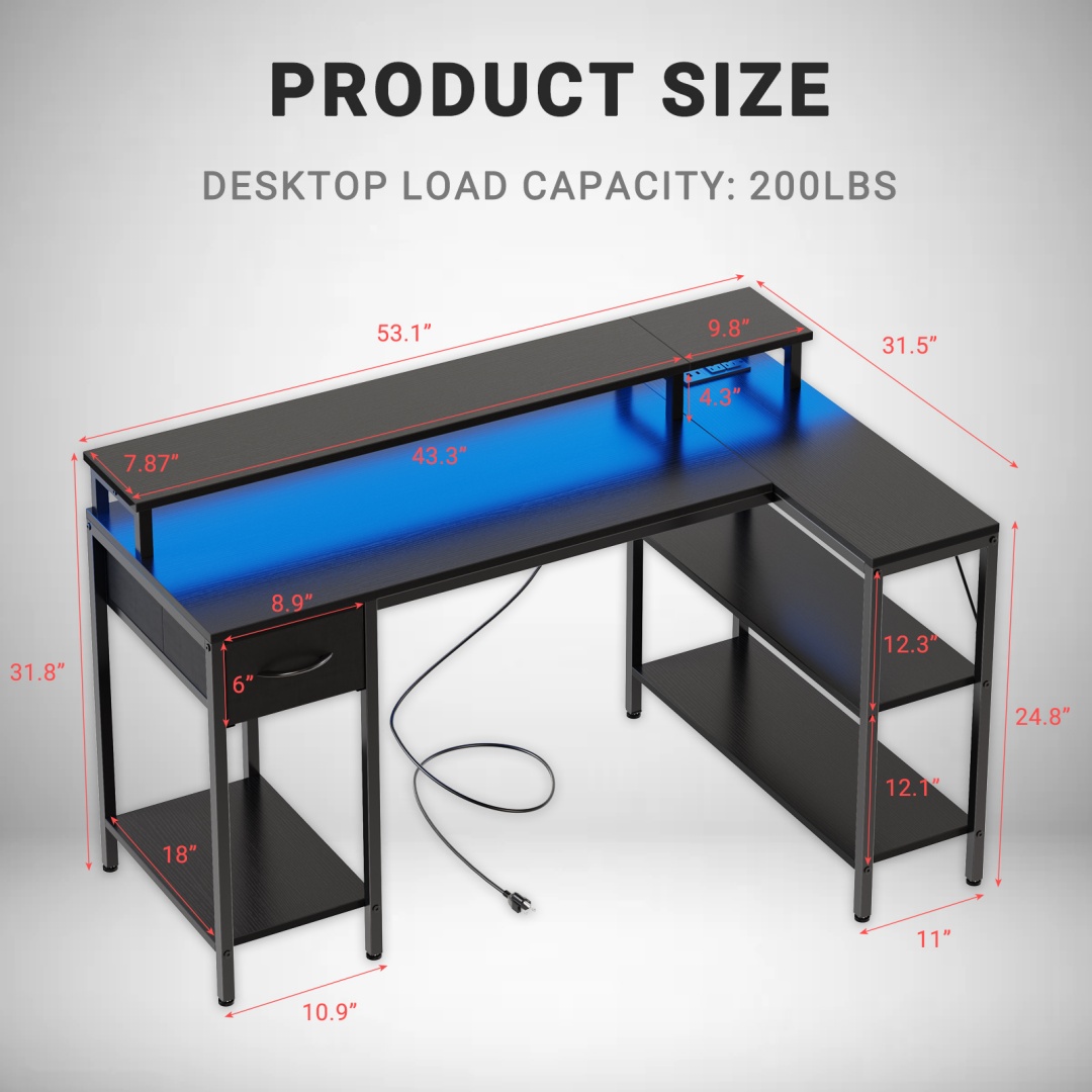 53-inch Gaming Table With USB Charging Port And LED Light, Reversible L-shaped Table With Power Socket And Monitor Stand image 8
