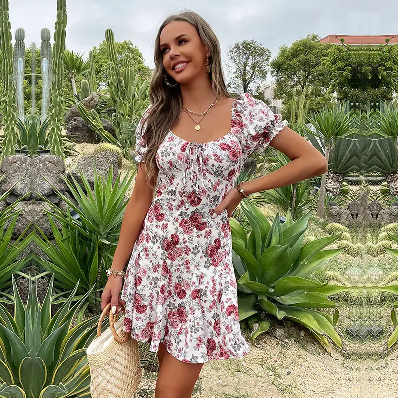 Bellflower Casual Print French Square Neck Dress